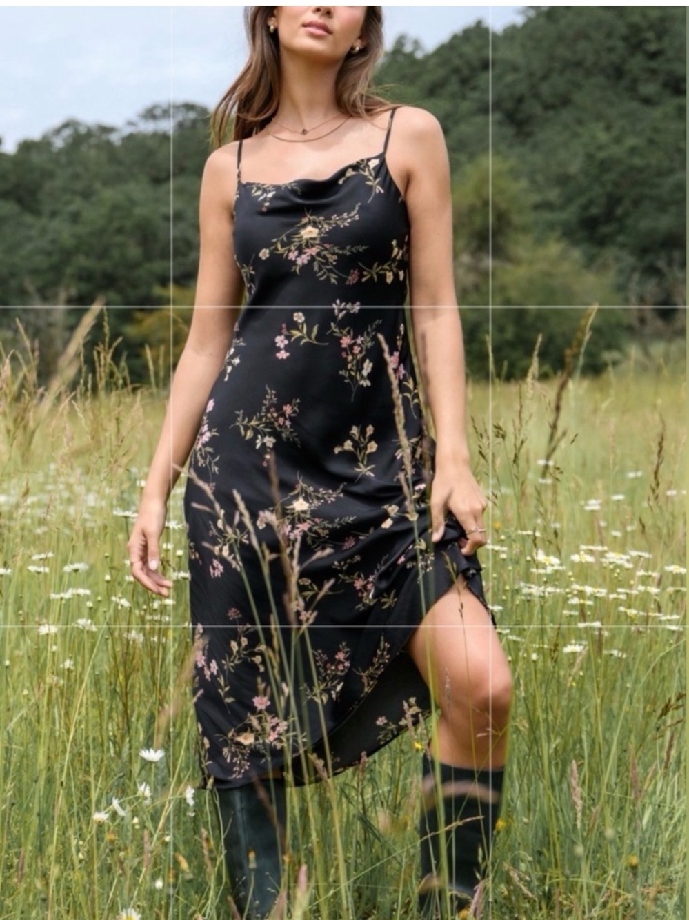 Altar'd State Black maxi Slip Dress with Pink & Green Floral Print boho prairie